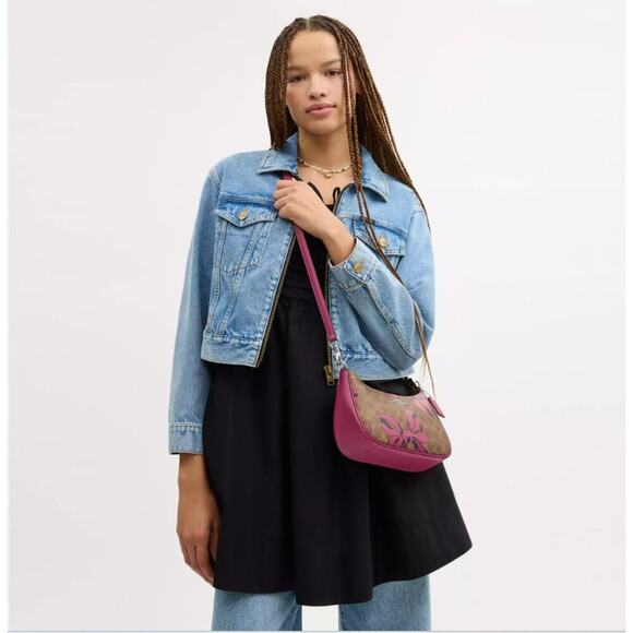 Coach Teri Shoulder Bag Signature Canvas Bow Print Silver/Tan/Pink Multi New - Picture 13 of 13